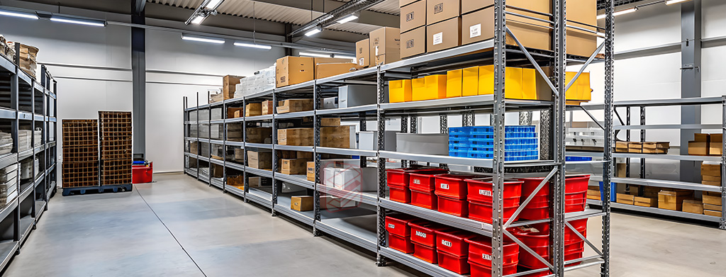 Стеллажи металлические среднегрузовые в интерьере склада - фото Стеллажин