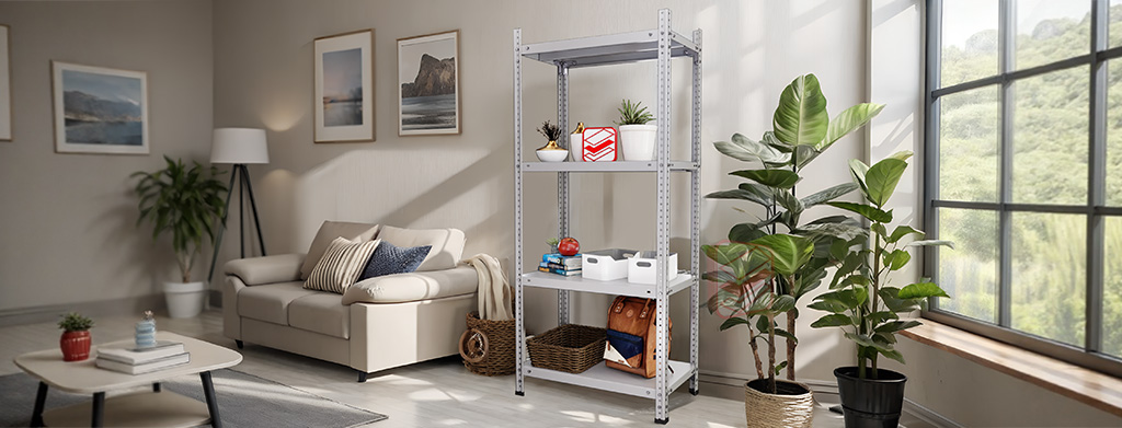 Стеллаж 4 металлические полки в интерьере квартиры - фото Стеллажин